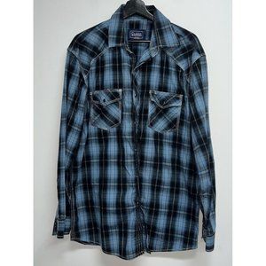 Classic Western Shirt Blue Black Plaid Long Sleeve Mens Size XL Snap Rockabilly